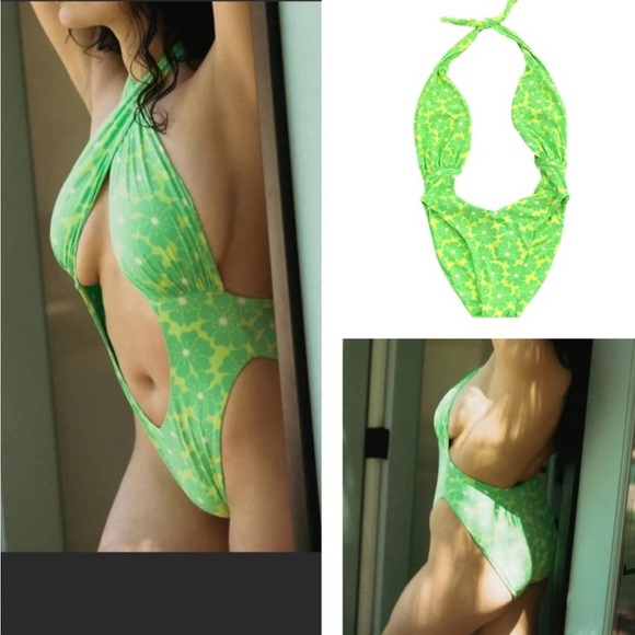 New Urban Outfitters Selena Scarf One piece bathing suit LARGE neon green floral - Picture 2 of 6